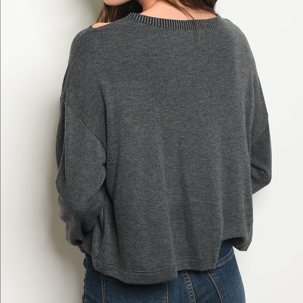Grey Distressed Cropped Pullover Top - Picture 2 of 2